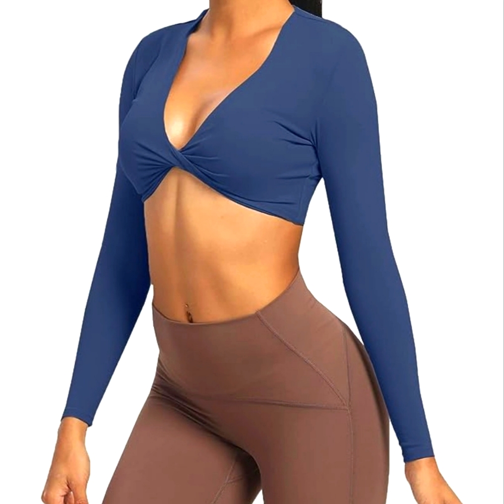 Aoxjox | Navy Deep-V Twist Long-Sleeved Crop Top